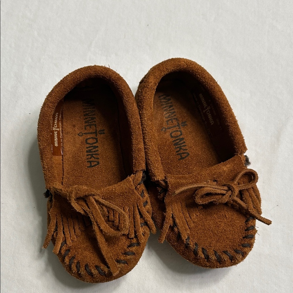 Minnetonka Tan Kids Moccasins with Fringe